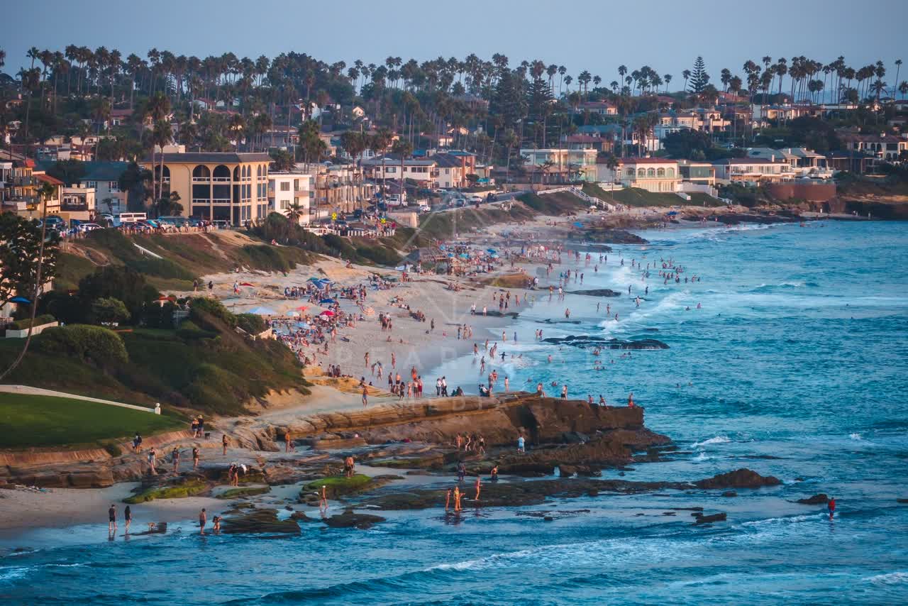Aerial view of the beach, palm trees and the ocean at Windansea, with a crowd gathered.