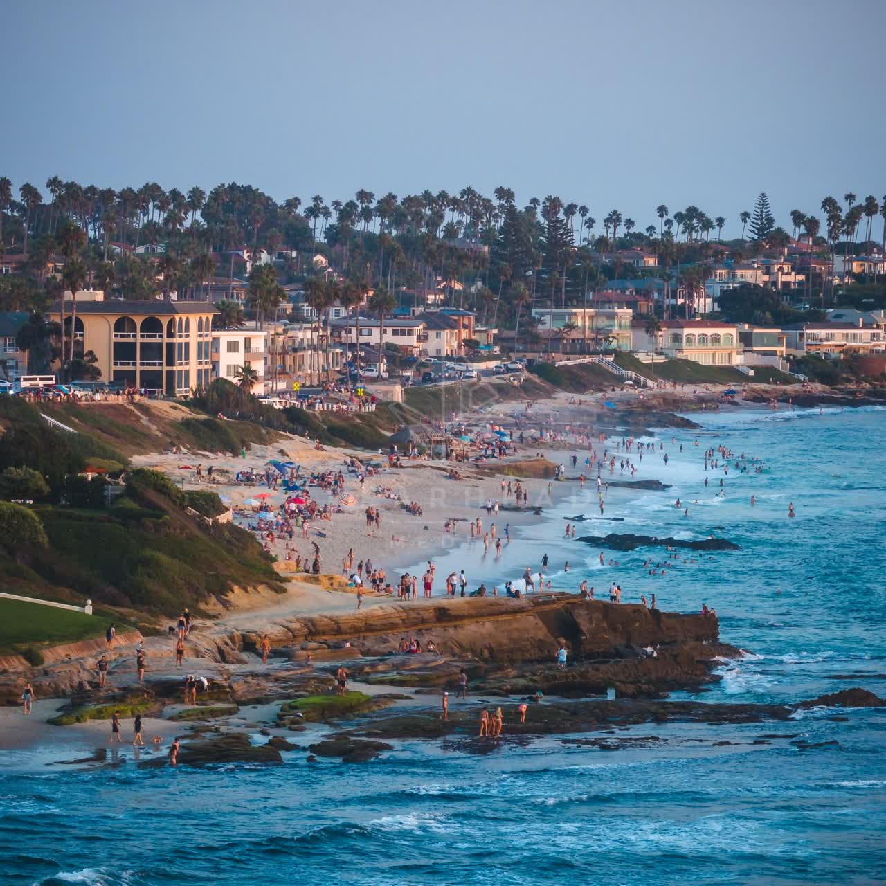 Low aerial view of the beach, the surf and palm trees at Windansea, with a crowd gathered.