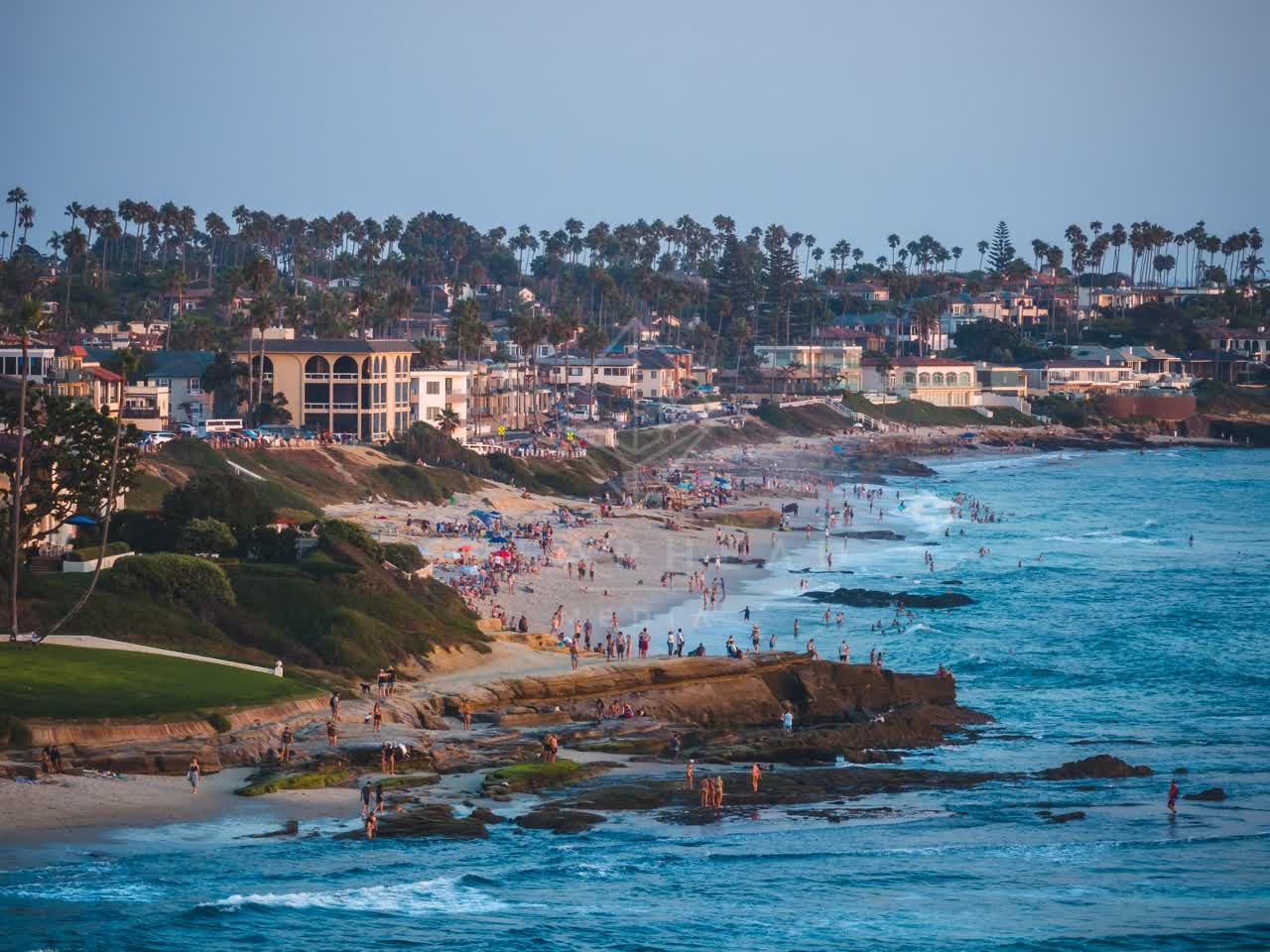 Aerial view of the beach, palm trees and the ocean at Windansea, with a crowd gathered.