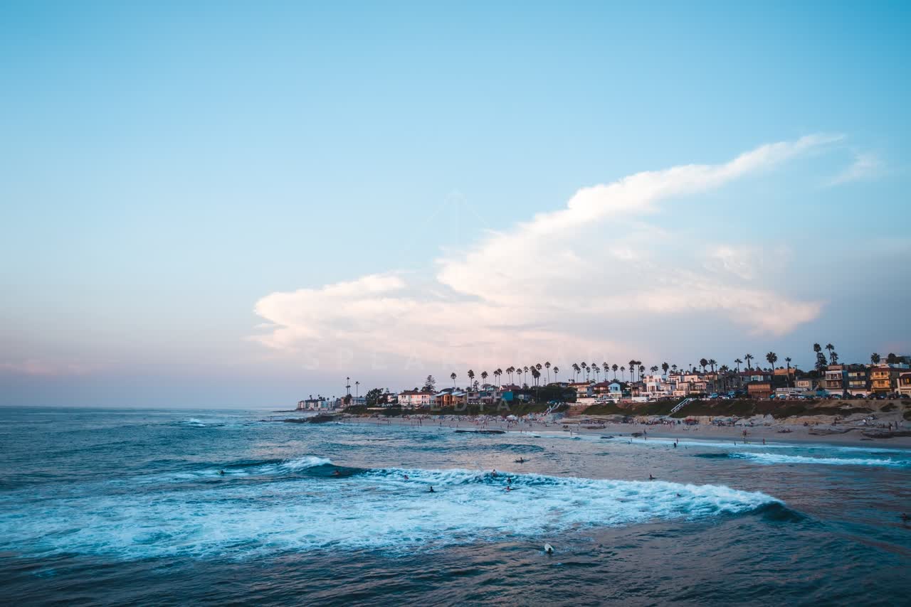 Low aerial view of the beach, the surf and palm trees at Windansea, with surfers out.