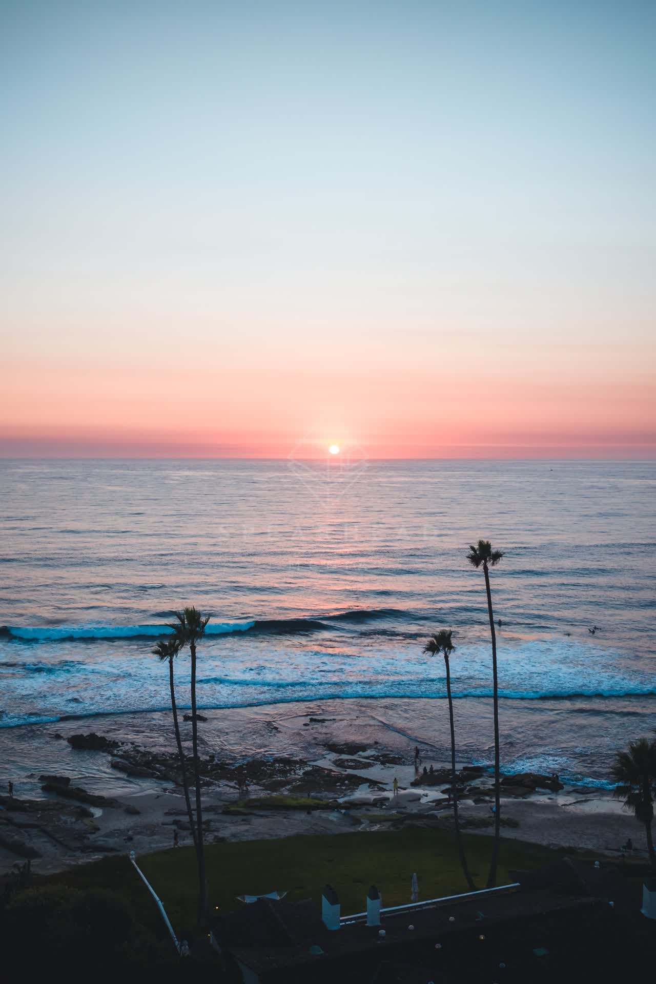 Elevated view of the beach, the surf and palm trees at Windansea.