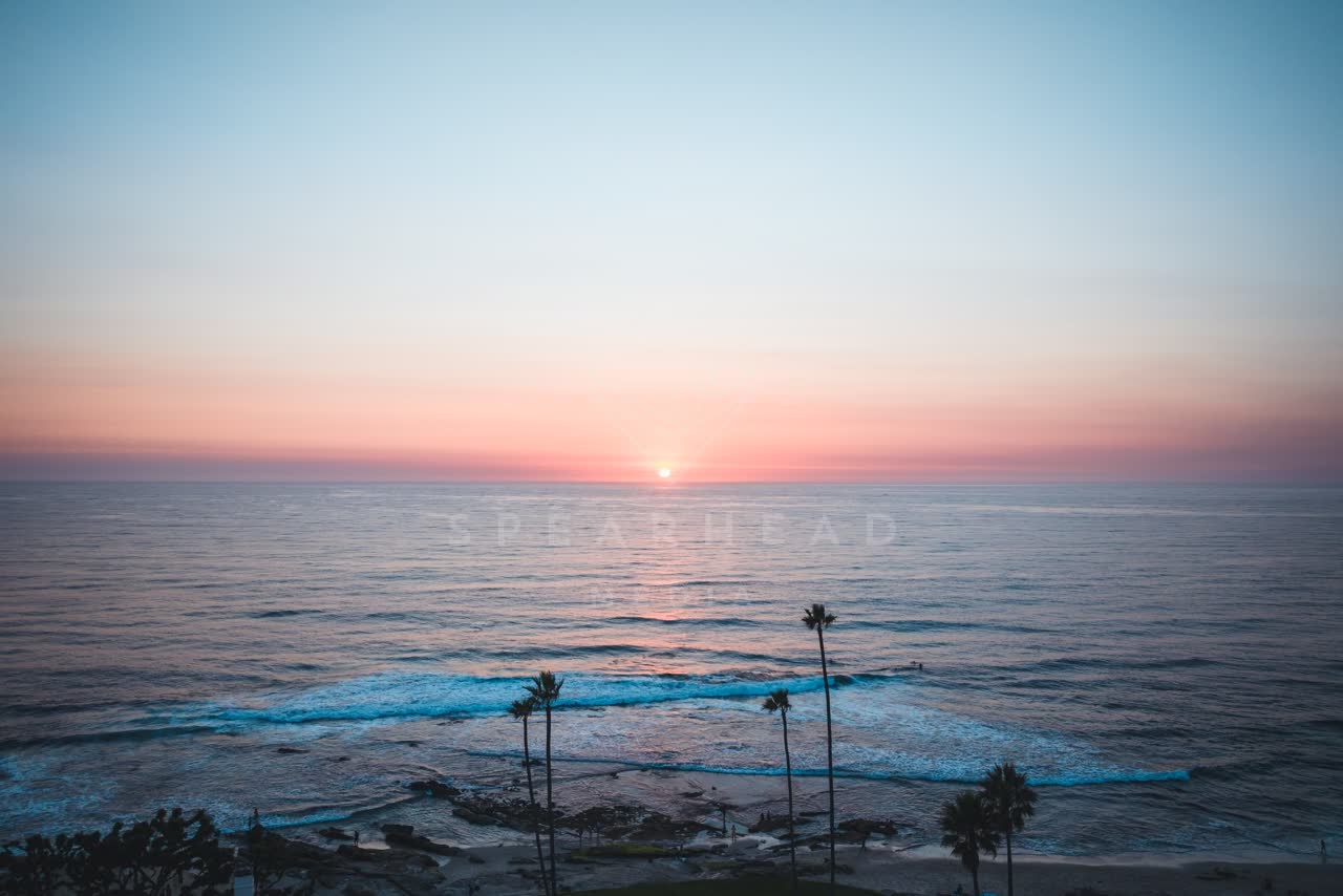 Low aerial view of the cliffs, the surf and palm trees at Windansea.