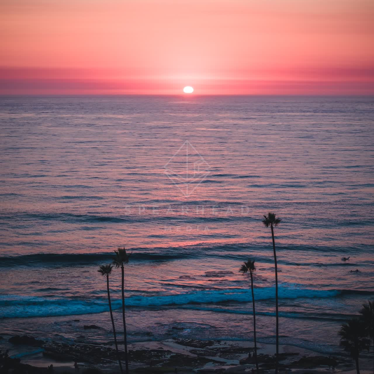 Elevated view of the cliffs, the surf and palm trees at Windansea.