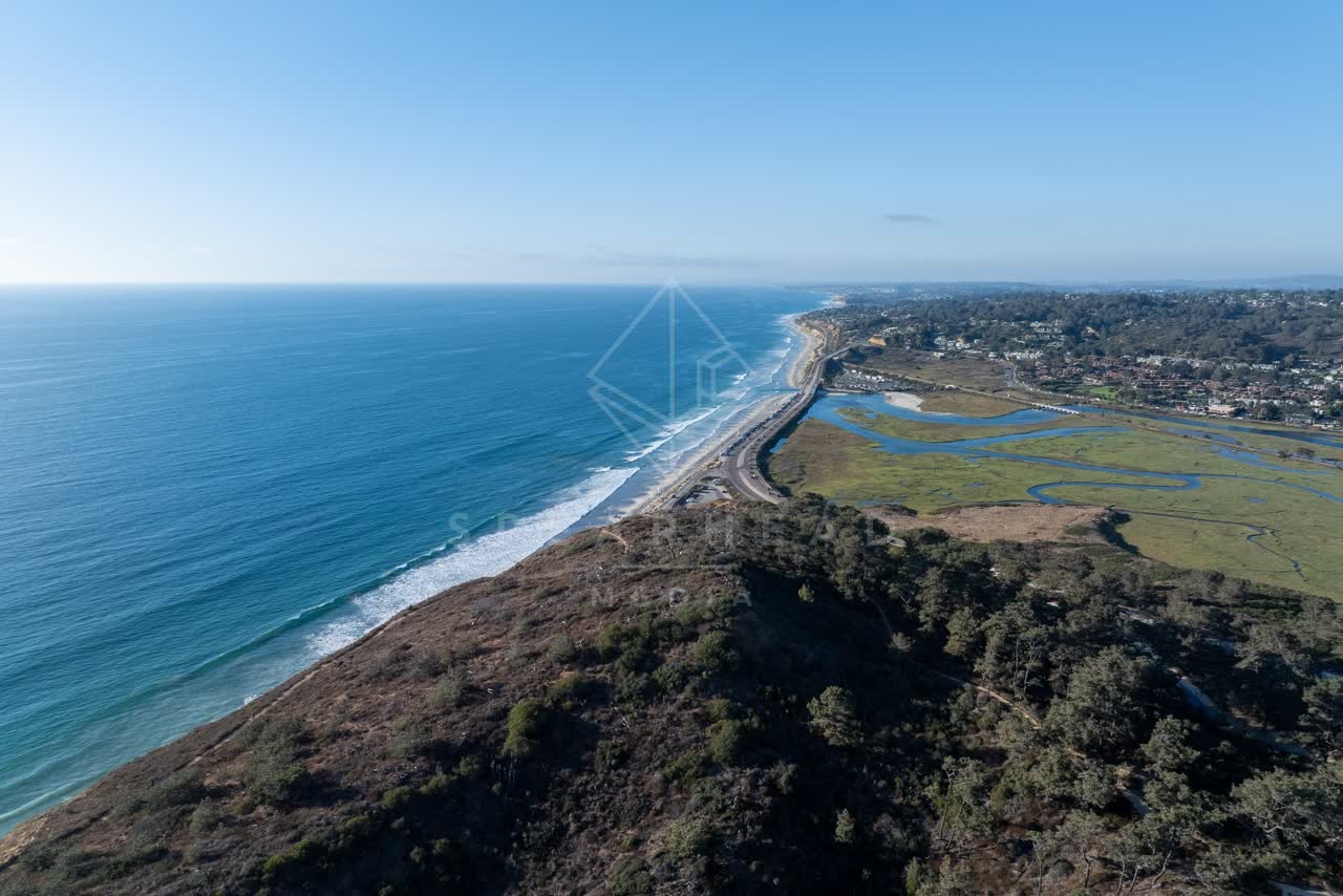 Aerial view of the cliffs, the surf and the ocean at Torrey Pines.