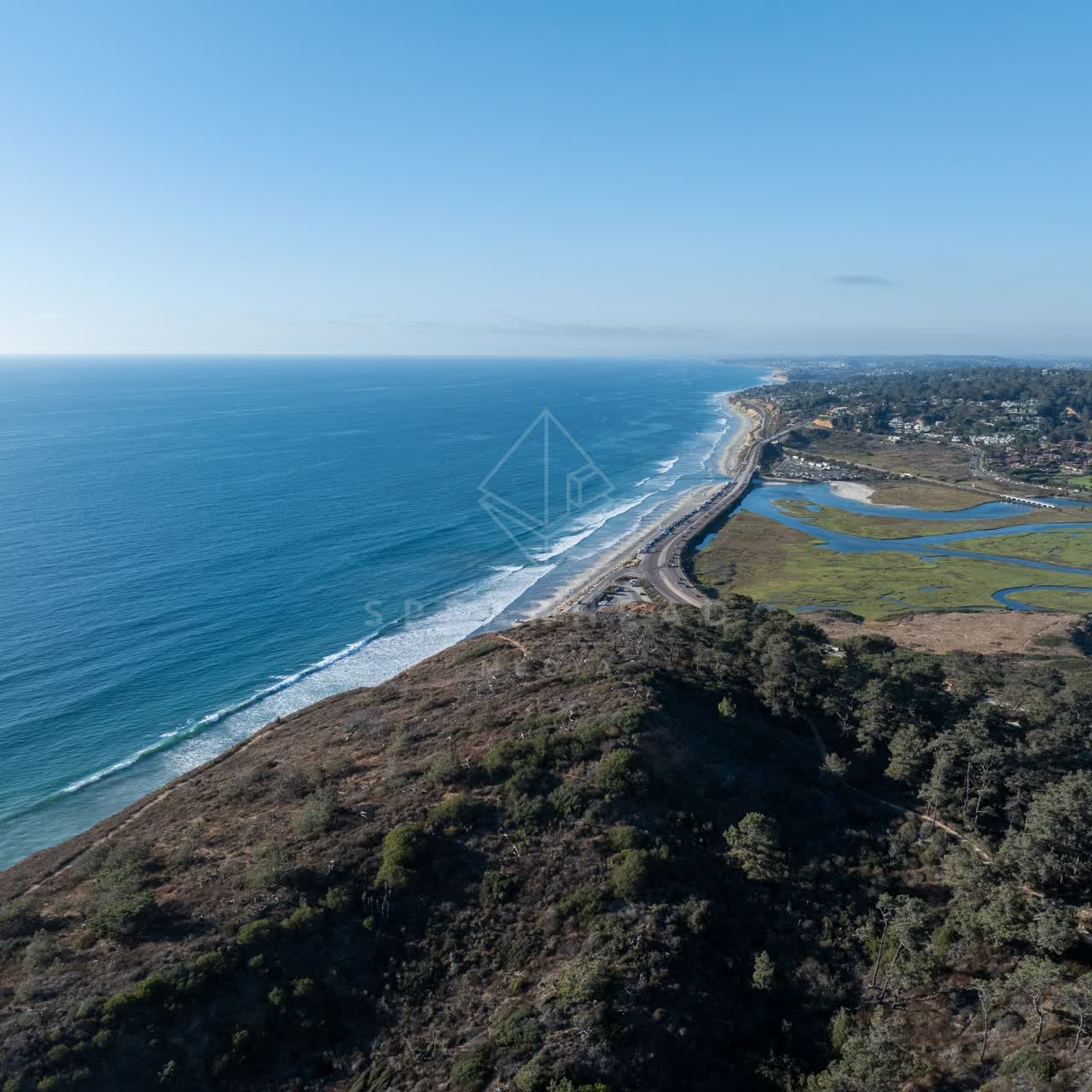 Aerial view of the cliffs, the ocean and the beach at Torrey Pines.