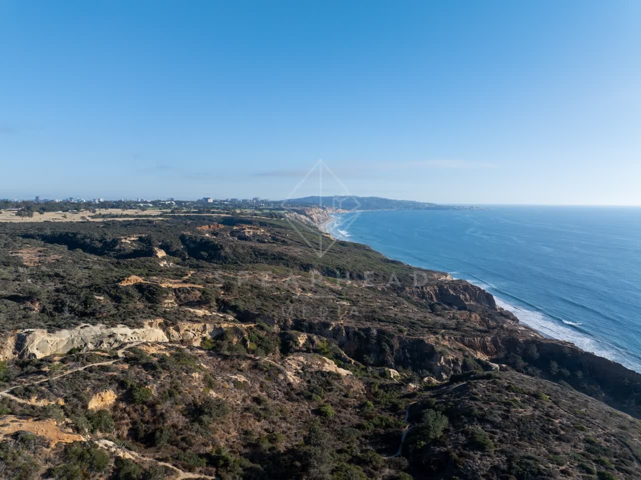 Aerial view of the cliffs, the ocean and the beach at Torrey Pines.