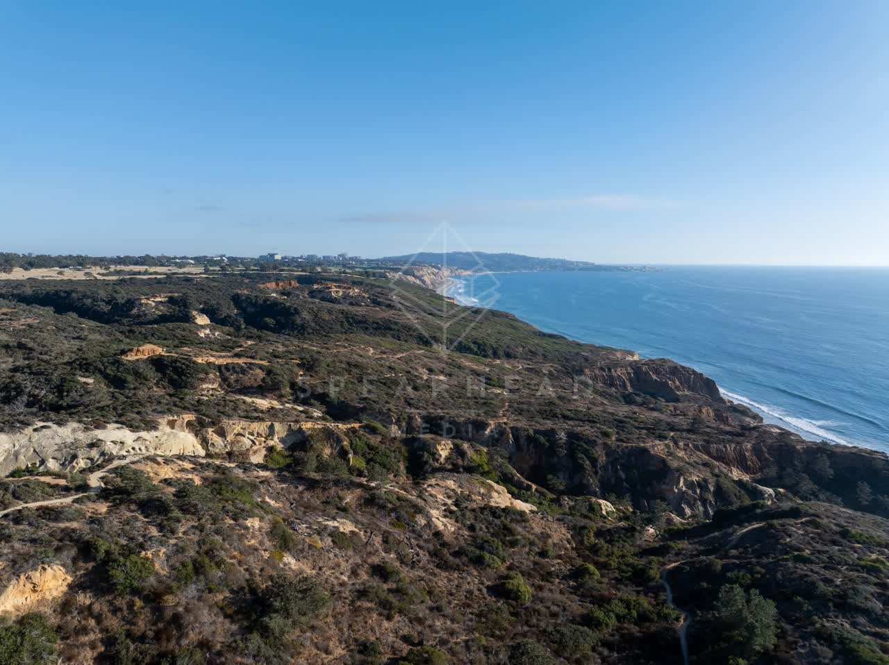 Aerial view of the cliffs, the surf and the ocean at Torrey Pines.