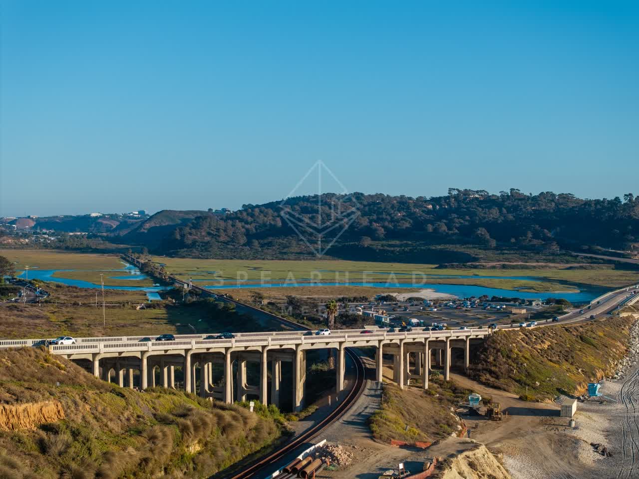 Aerial view of the country inland, the bridge and the cliffs in Del Mar.