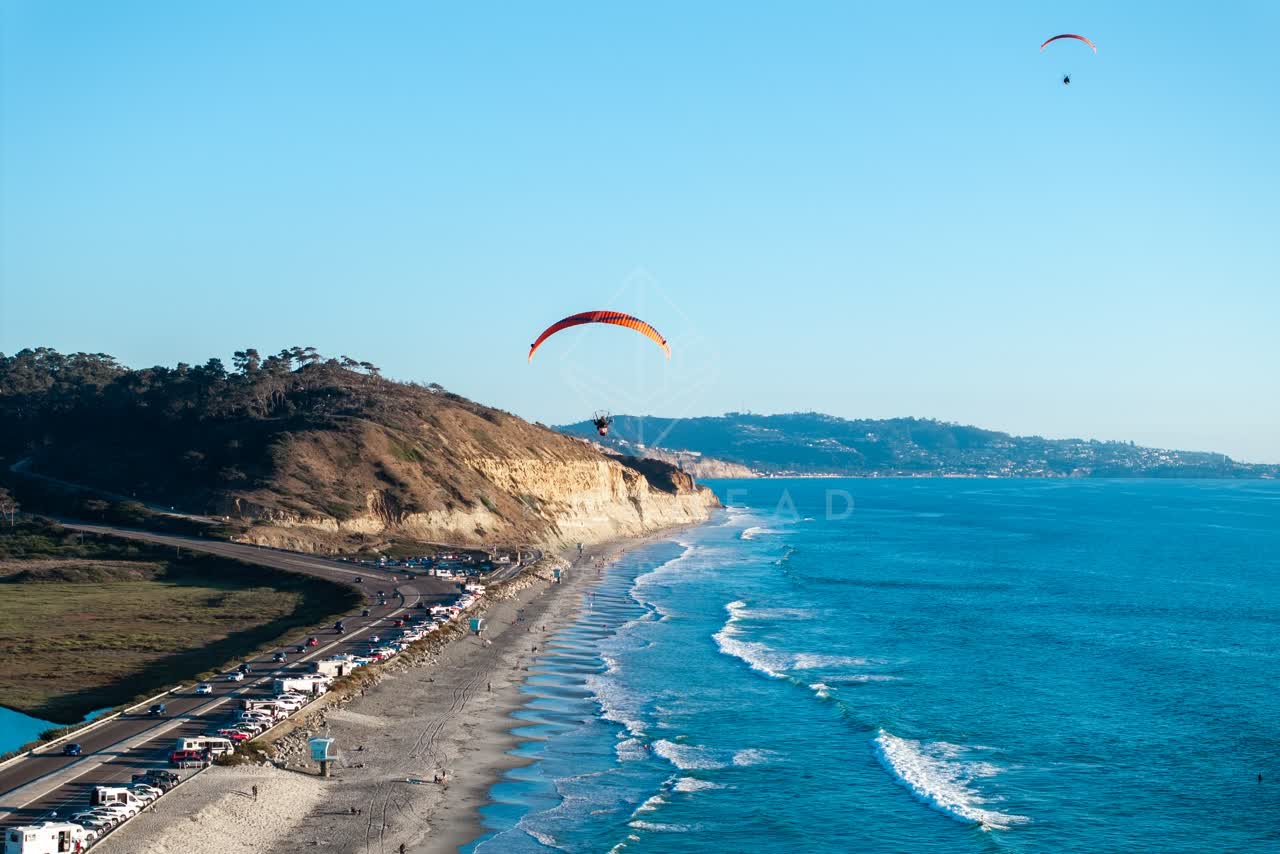 Aerial view of the cliffs, the ocean and the beach at Torrey Pines.