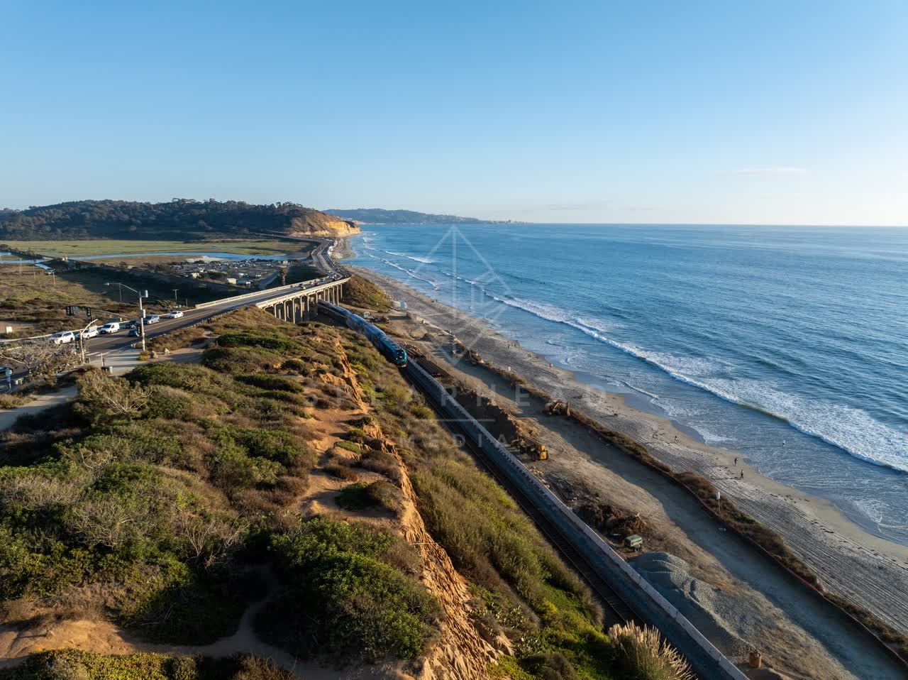 Aerial view of the cliffs, the ocean and the beach in Del Mar.