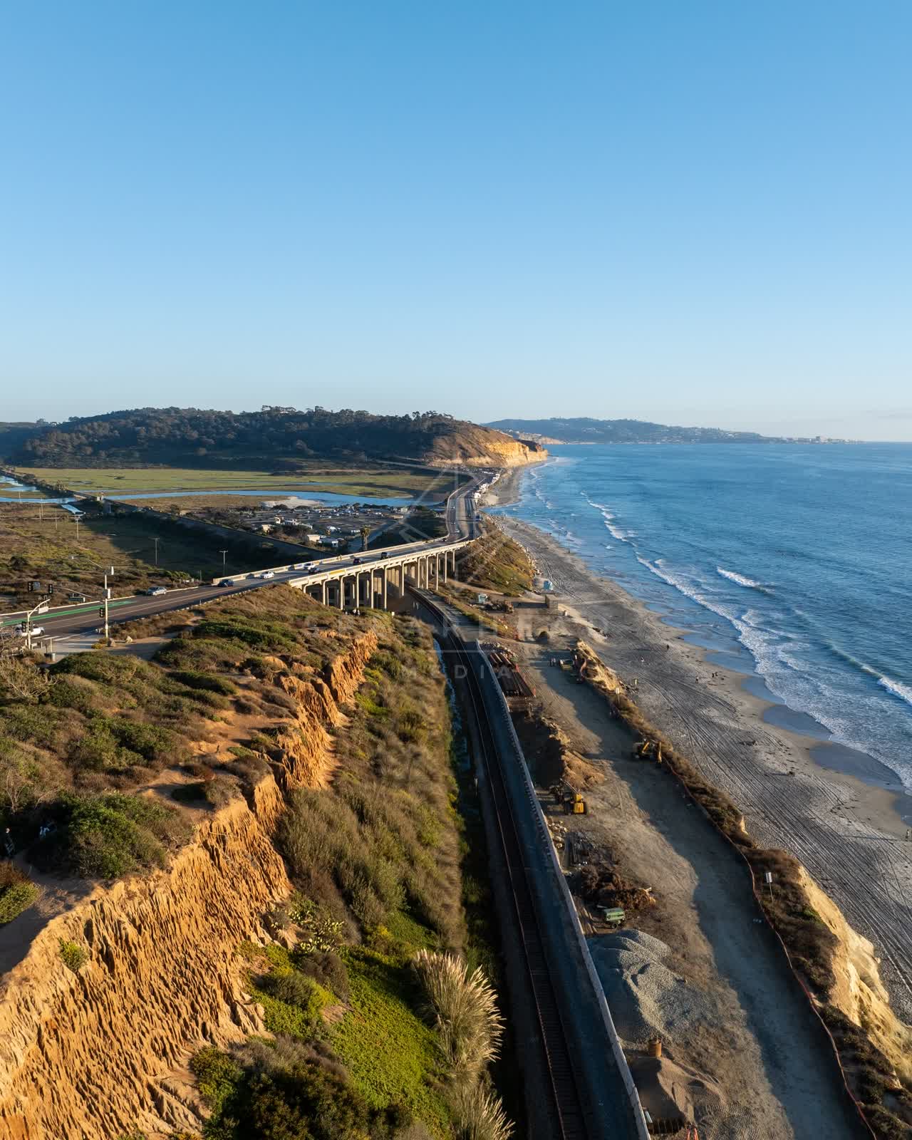 Aerial view of the cliffs, the bridge and the ocean in Del Mar.