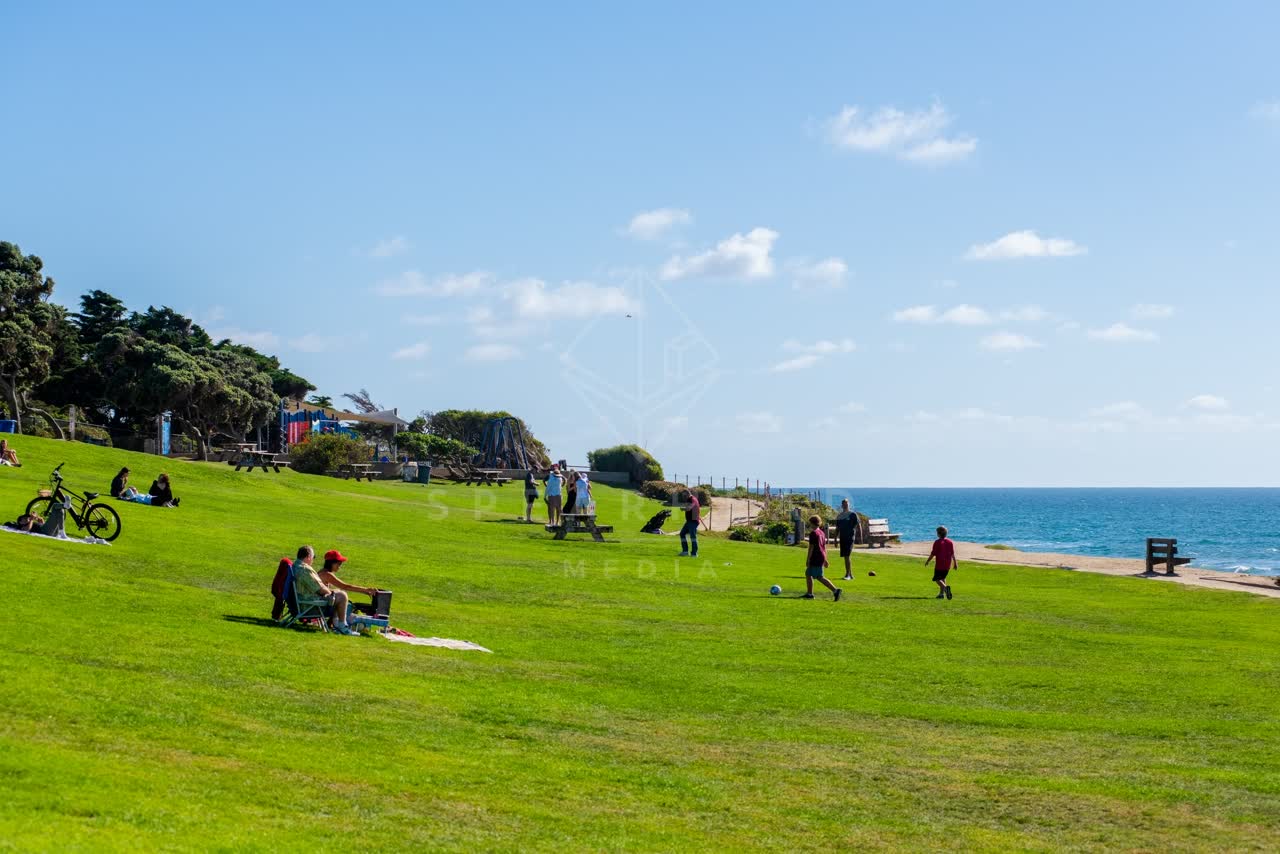 Elevated view of a park, wildlife and the ocean at Powerhouse Park, with a crowd gathered.