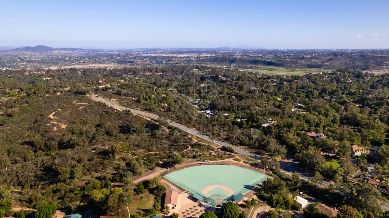 Aerial view of the country inland, homes and open country in Solana Beach.