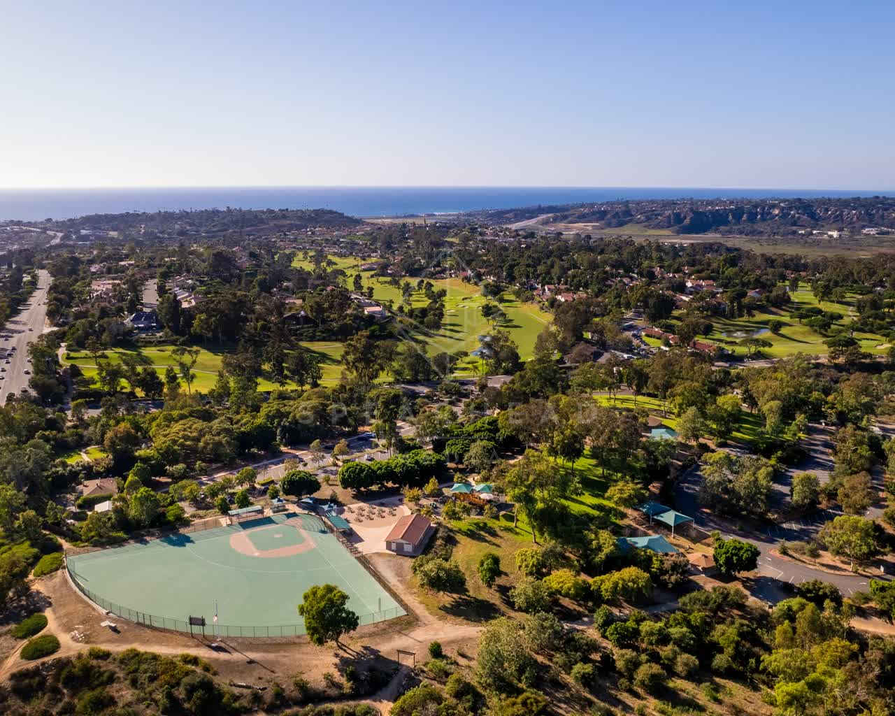 Aerial view of a residential street, palm trees and the ocean in Solana Beach.