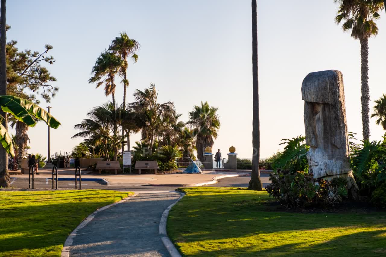 A park, palm trees and open country at Swamis, with people walking.