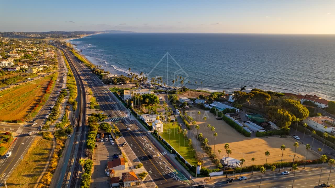 Aerial view of the beach, the surf and palm trees at Swamis.
