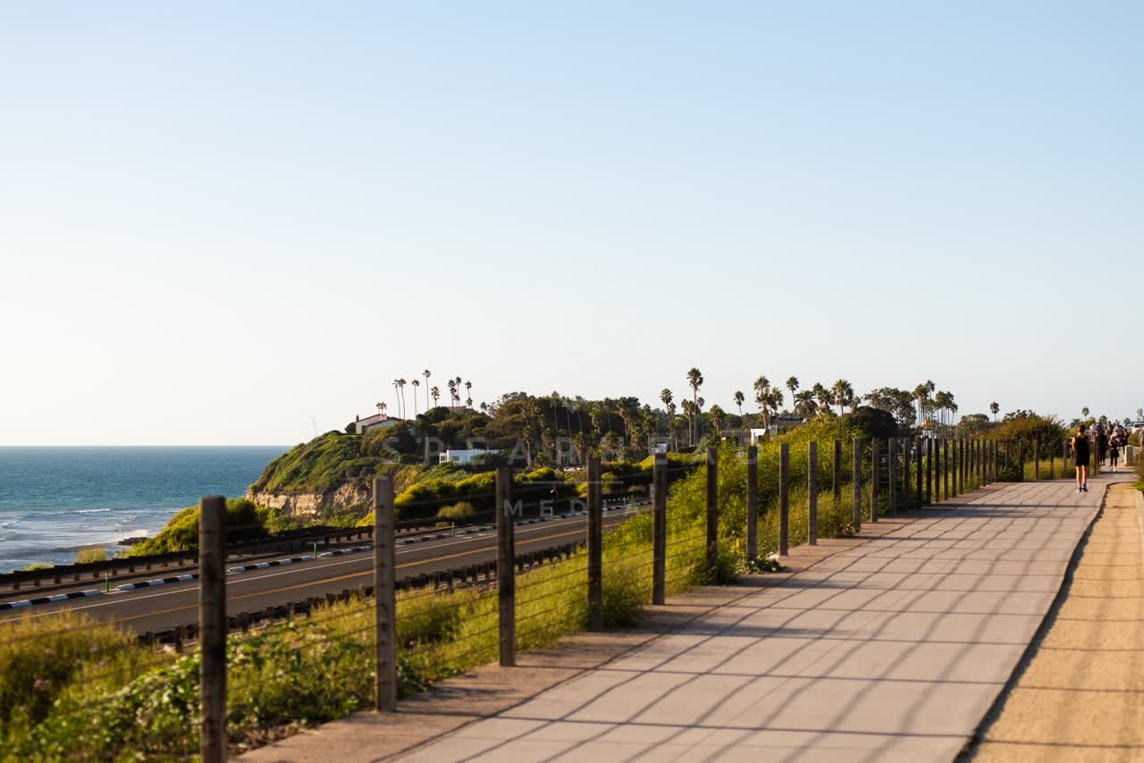 Elevated view of the cliffs, palm trees and the ocean at Swamis, with people walking.