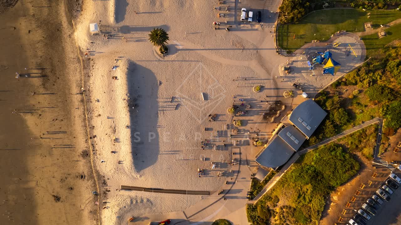 Aerial view of the beach, palm trees and traffic at Moonlight Beach, with people walking.