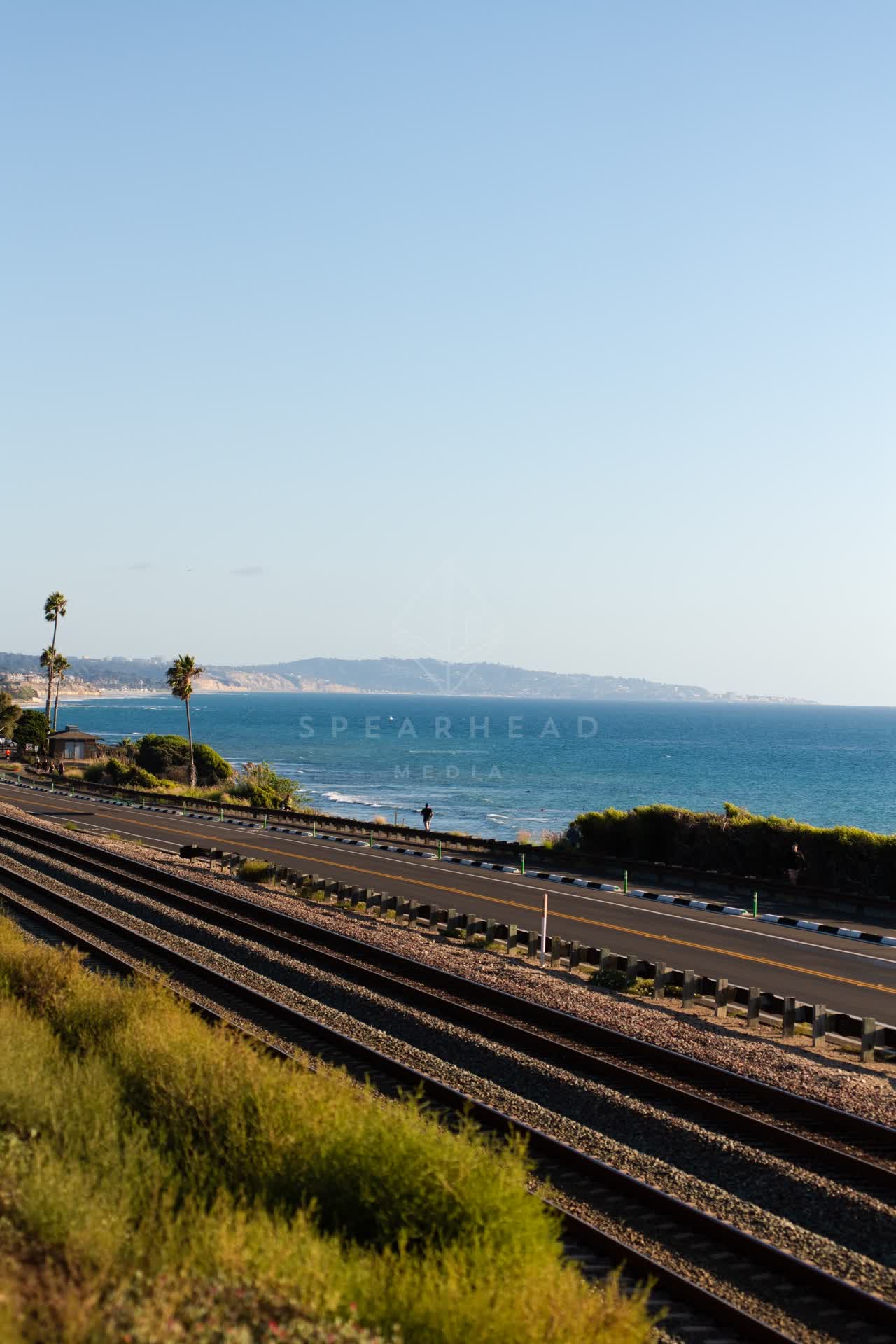 Elevated view of the cliffs, palm trees and the ocean at Swamis, with people walking.