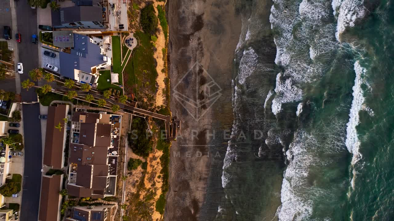 Aerial view of the beach, the surf and palm trees in Encinitas.