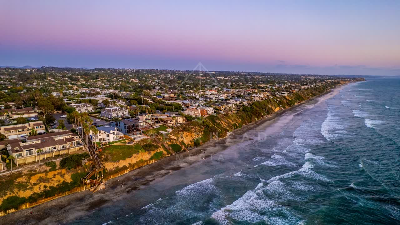 Aerial view of the beach, the surf and the ocean in Encinitas.