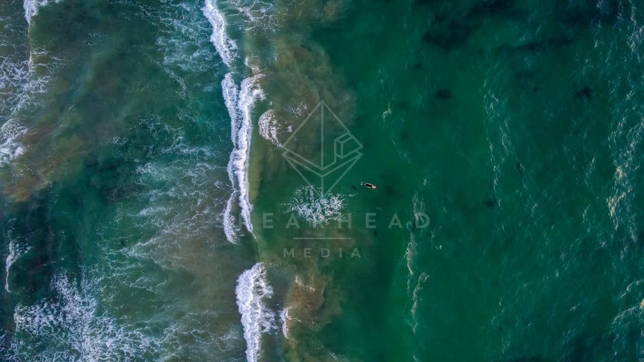 Aerial view of the beach, the surf and the ocean in Encinitas, with swimmers in the water.