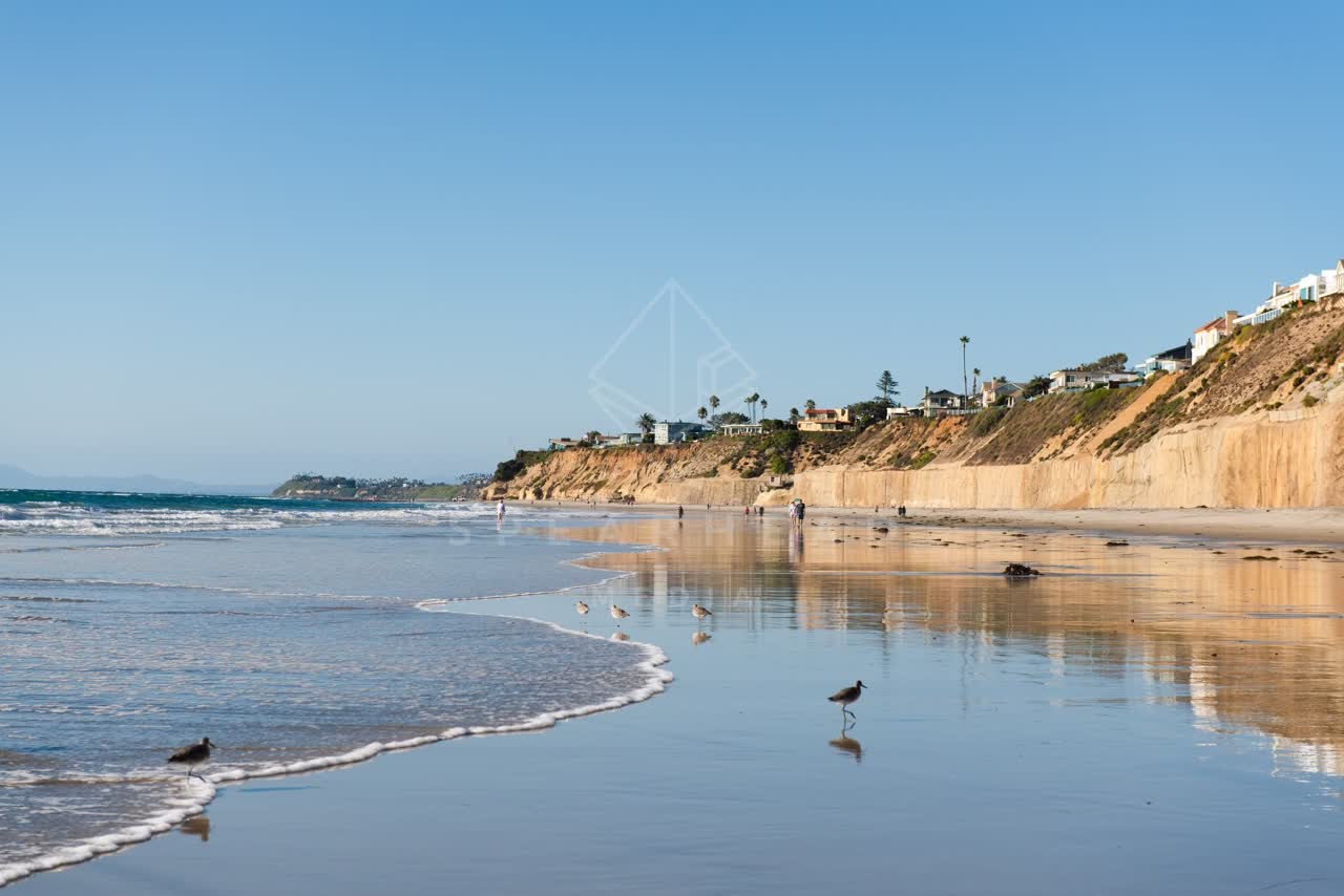 The beach, wildlife and the ocean at Fletcher Cove, with people walking.