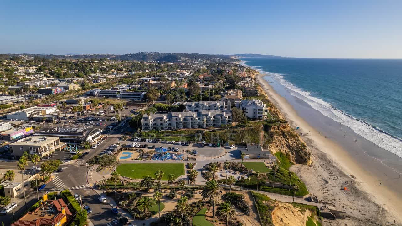 Aerial view of the beach, palm trees and the ocean at Fletcher Cove.