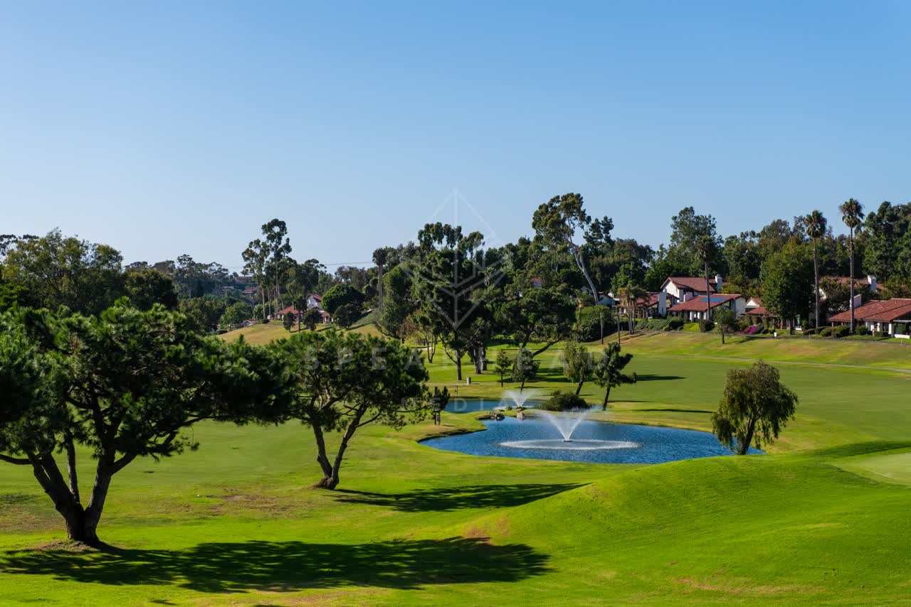 Low aerial view of a park, palm trees and homes in Solana Beach.