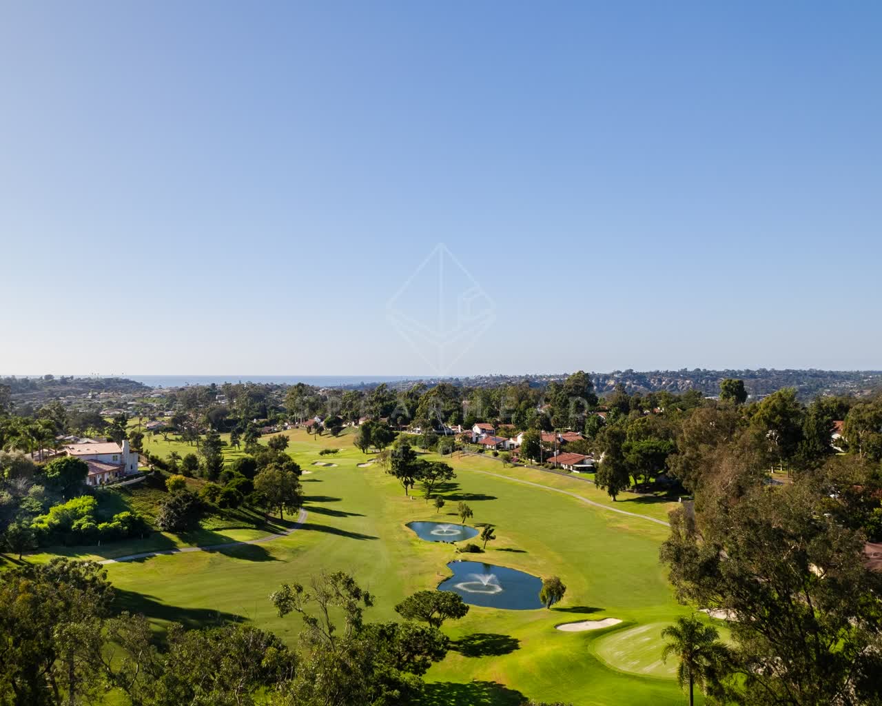 Aerial view of a park, palm trees and the ocean in Solana Beach.
