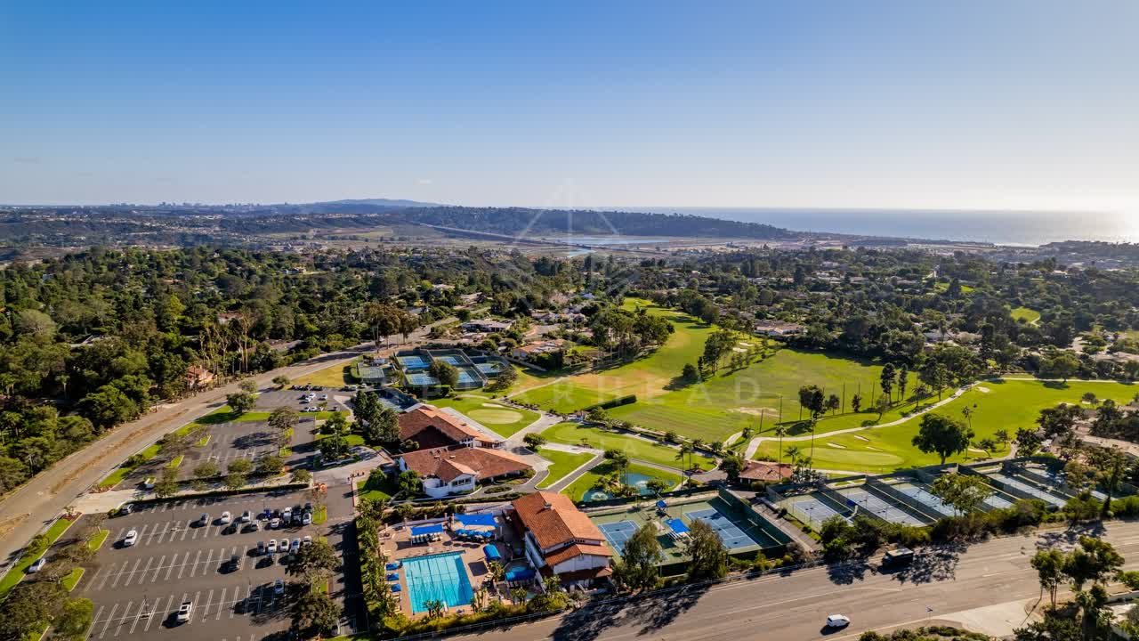 Aerial view of the country inland, the ocean and the buildings in Solana Beach.