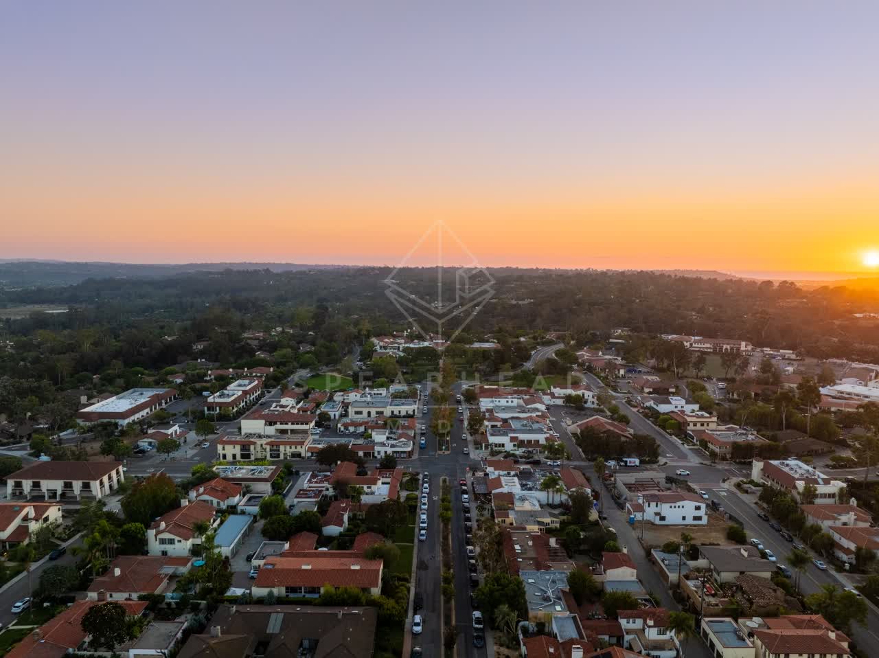Aerial view of a residential street, homes and the buildings at Covenant.