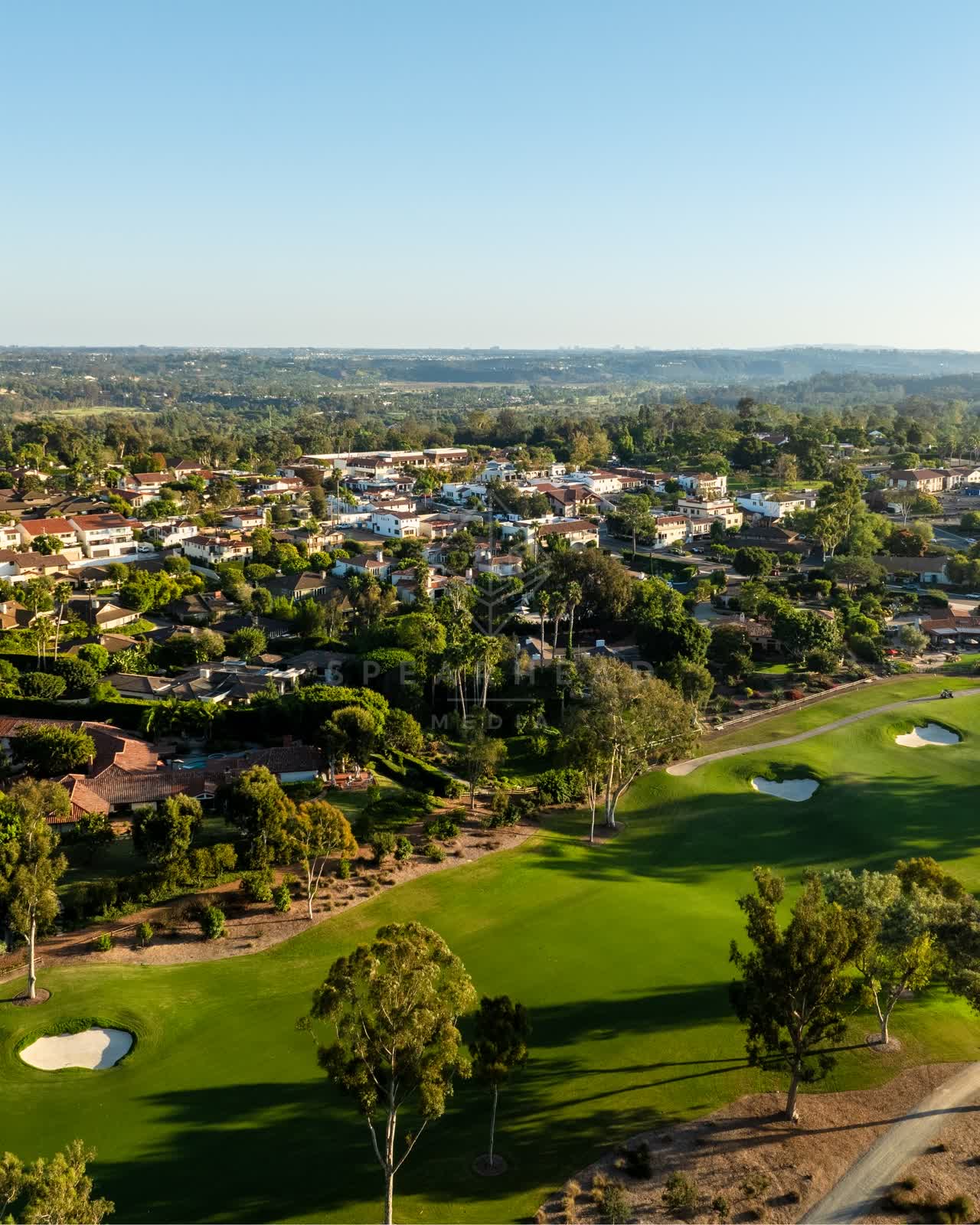 Aerial view of a residential street, palm trees and homes at Covenant.