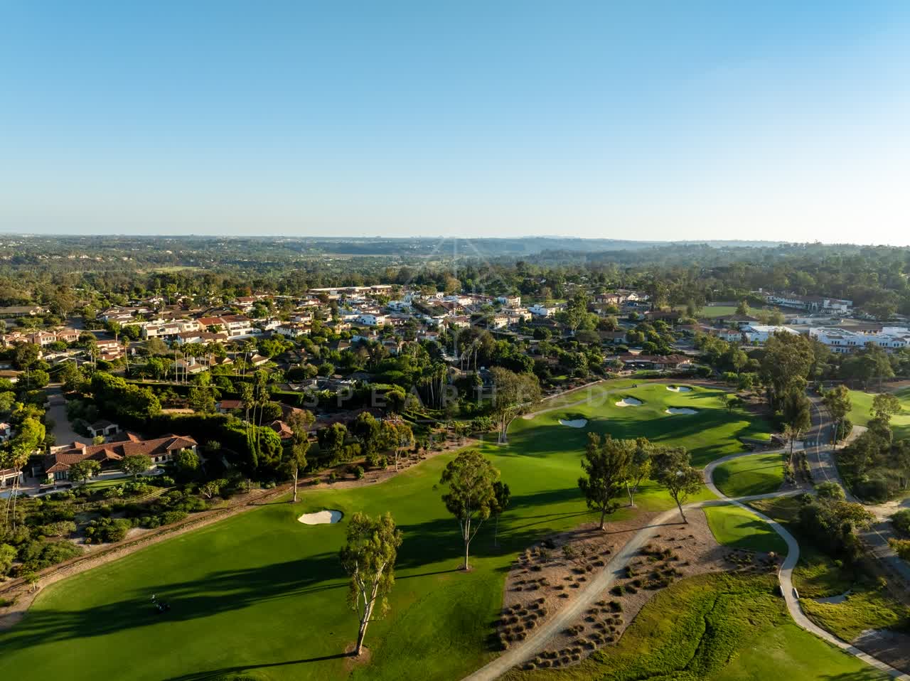 Aerial view of a residential street, palm trees and homes at Covenant.