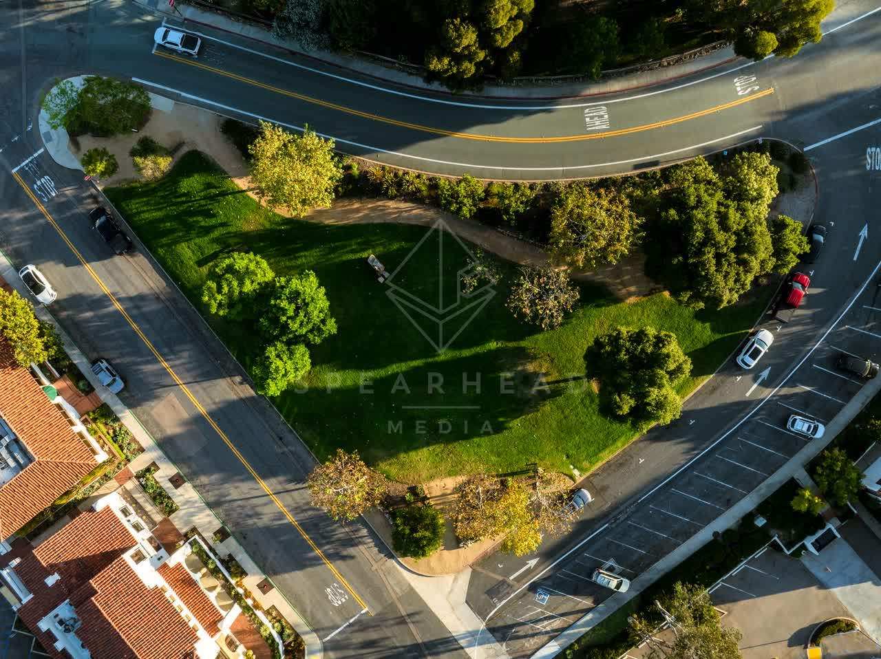Aerial view of a residential street, homes and traffic at Covenant.