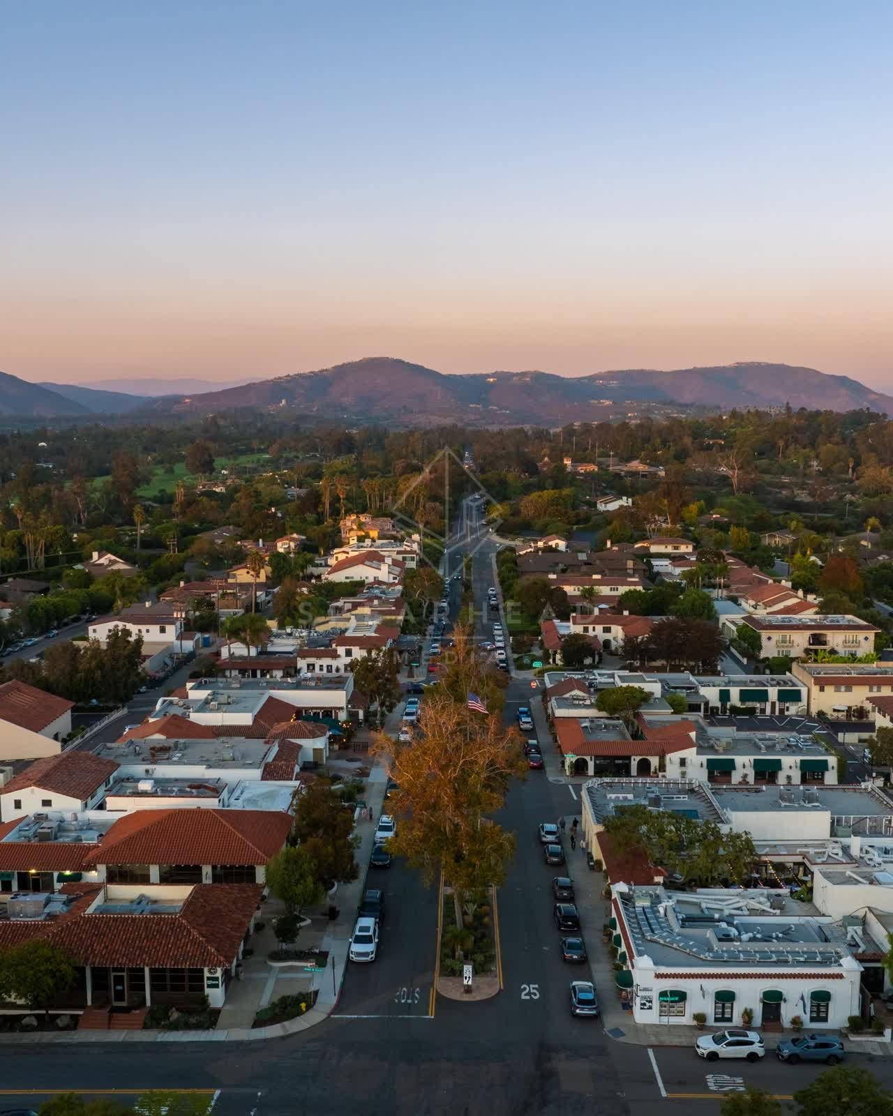 Aerial view of the downtown streets, homes and the buildings at Covenant.
