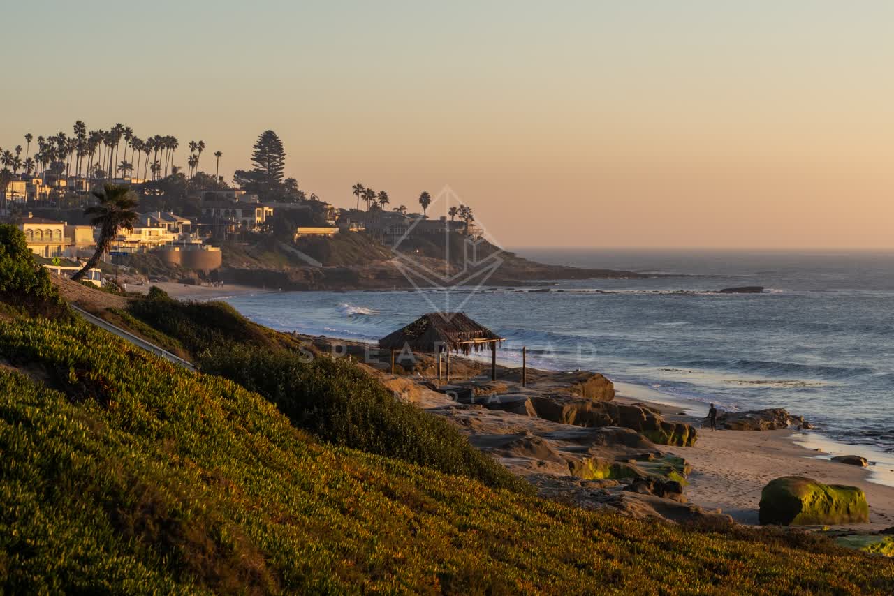 Elevated view of the beach, the surf and palm trees at Windansea, with people walking.