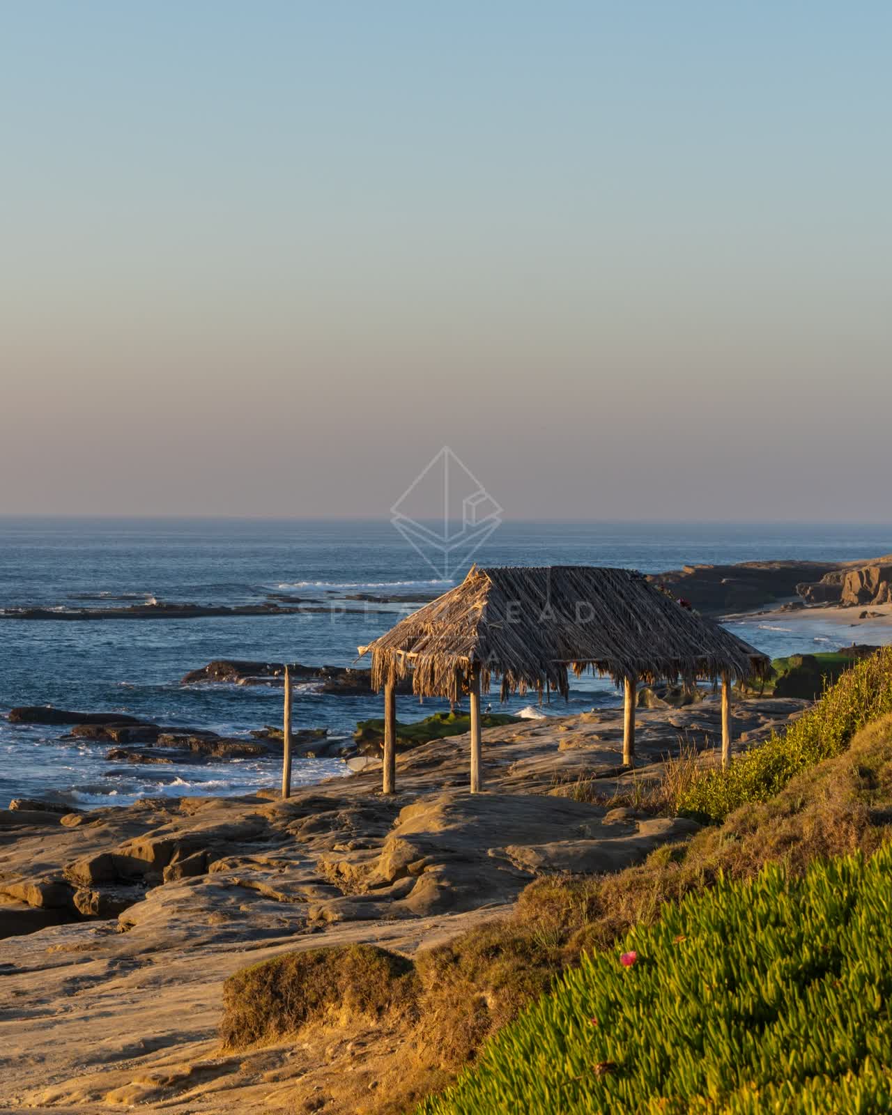 Elevated view of the cliffs, the surf and the ocean at Windansea.