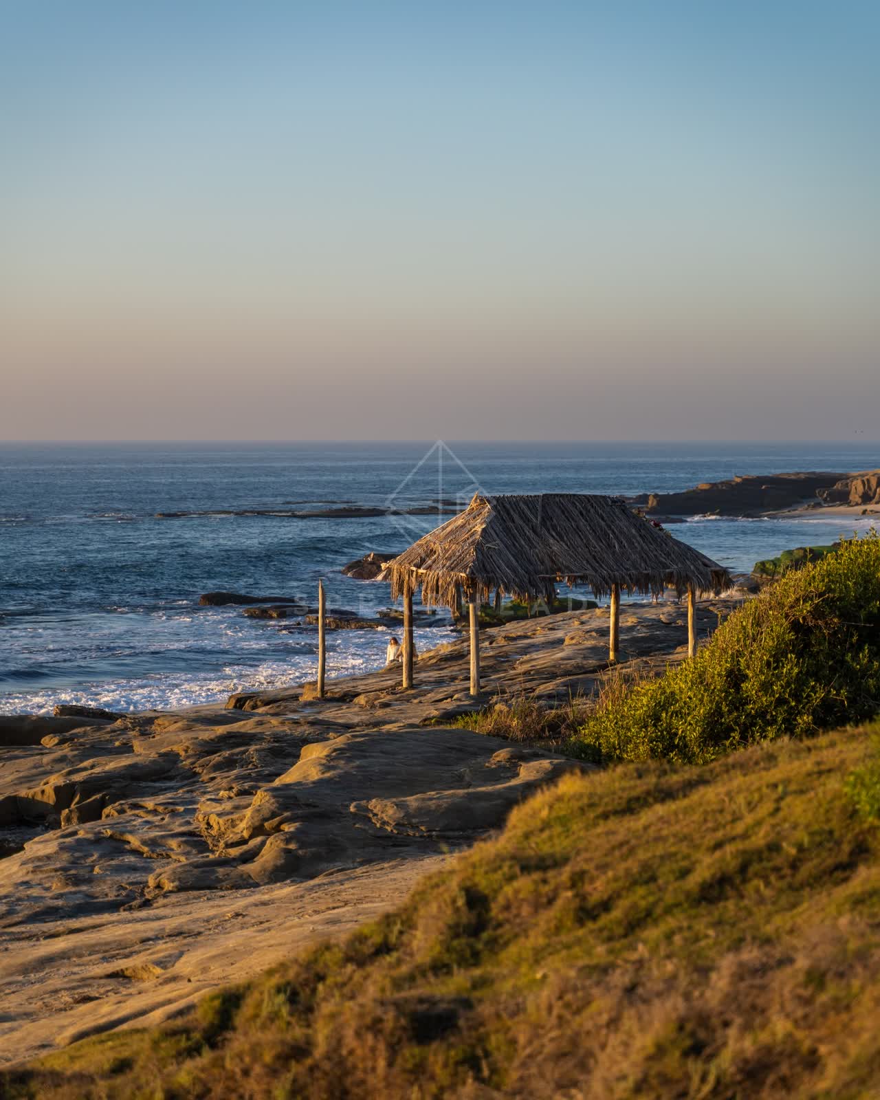 Elevated view of the cliffs, the surf and the ocean at Windansea.