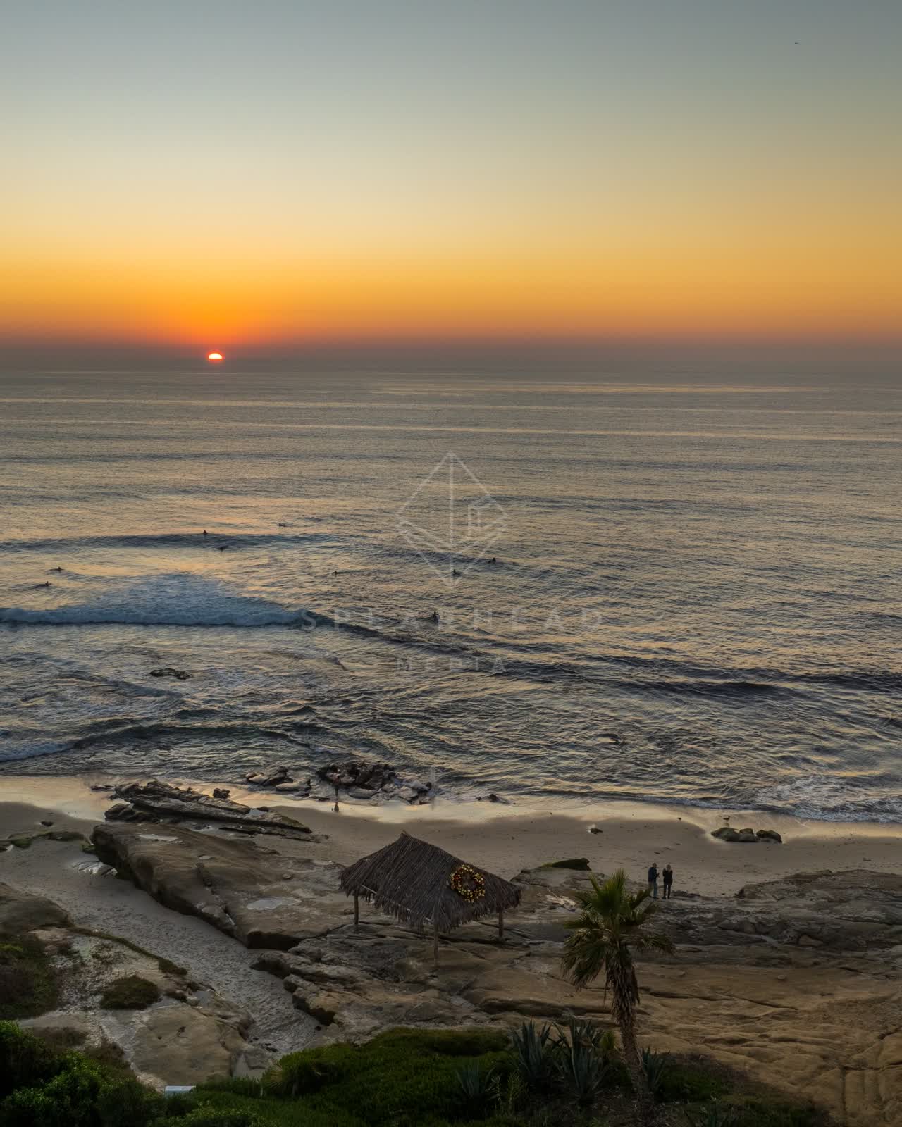 Aerial view of the beach, the surf and palm trees at Windansea, with surfers out.
