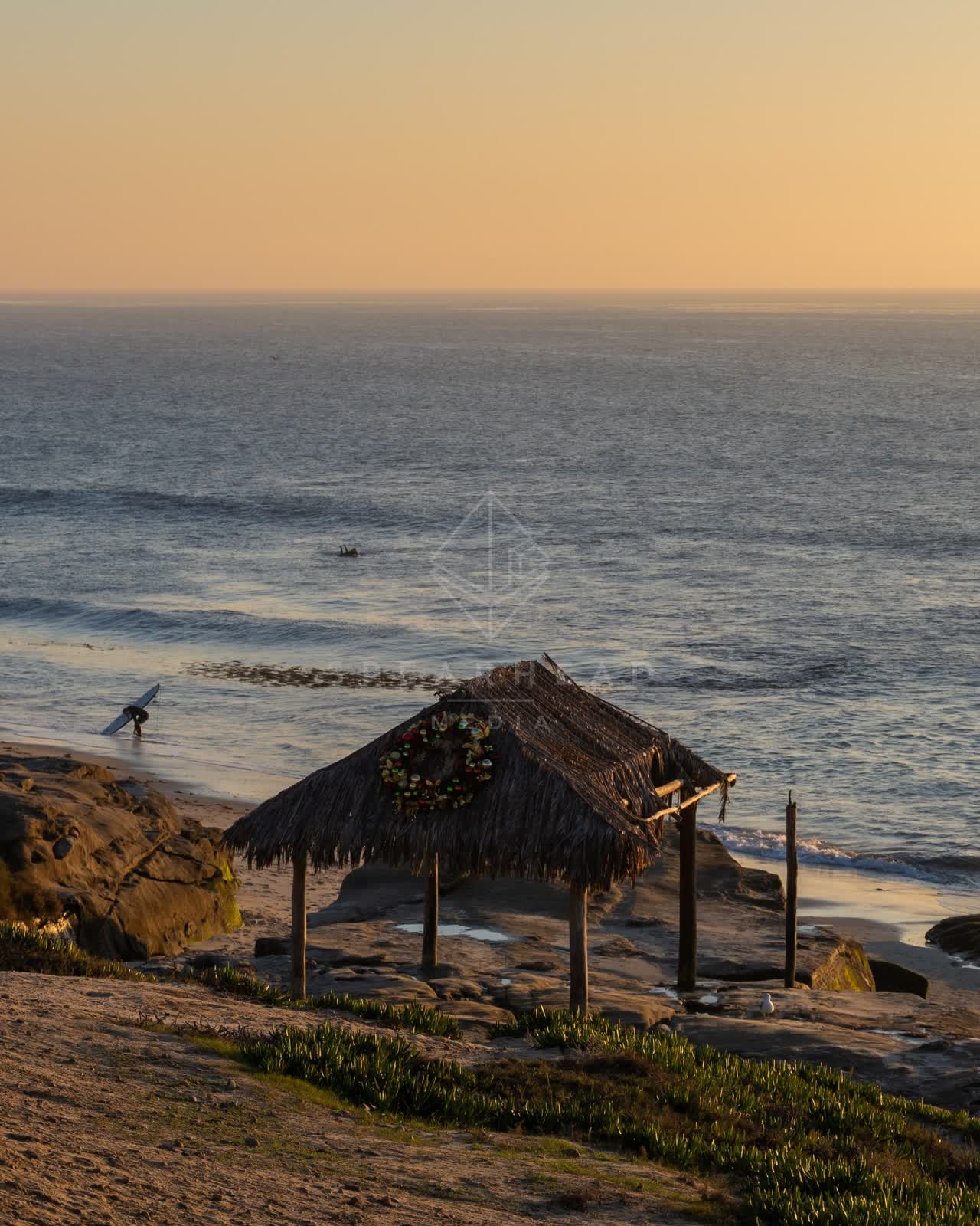 Elevated view of the beach, the surf and the ocean at Windansea, with people walking.