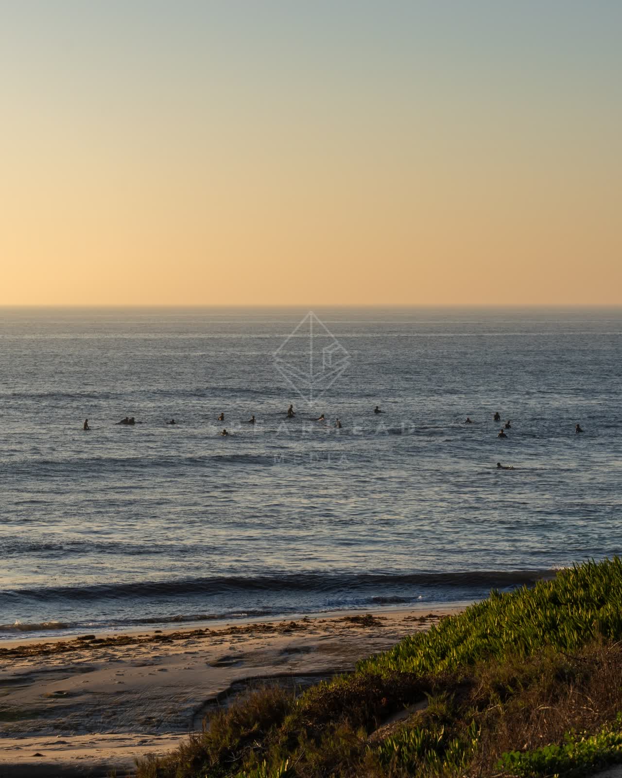 Elevated view of the beach, the surf and the ocean at Windansea, with surfers out.