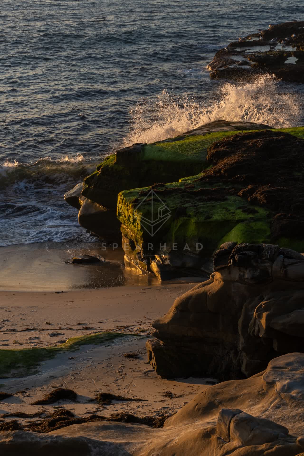 Elevated view of the cliffs, the surf and the ocean at Windansea.