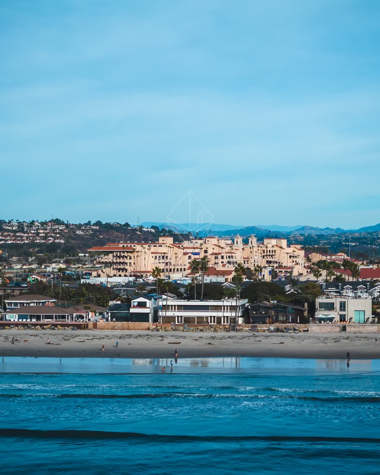 The beach, palm trees and the ocean at Del Mar Dog Beach, with people walking.