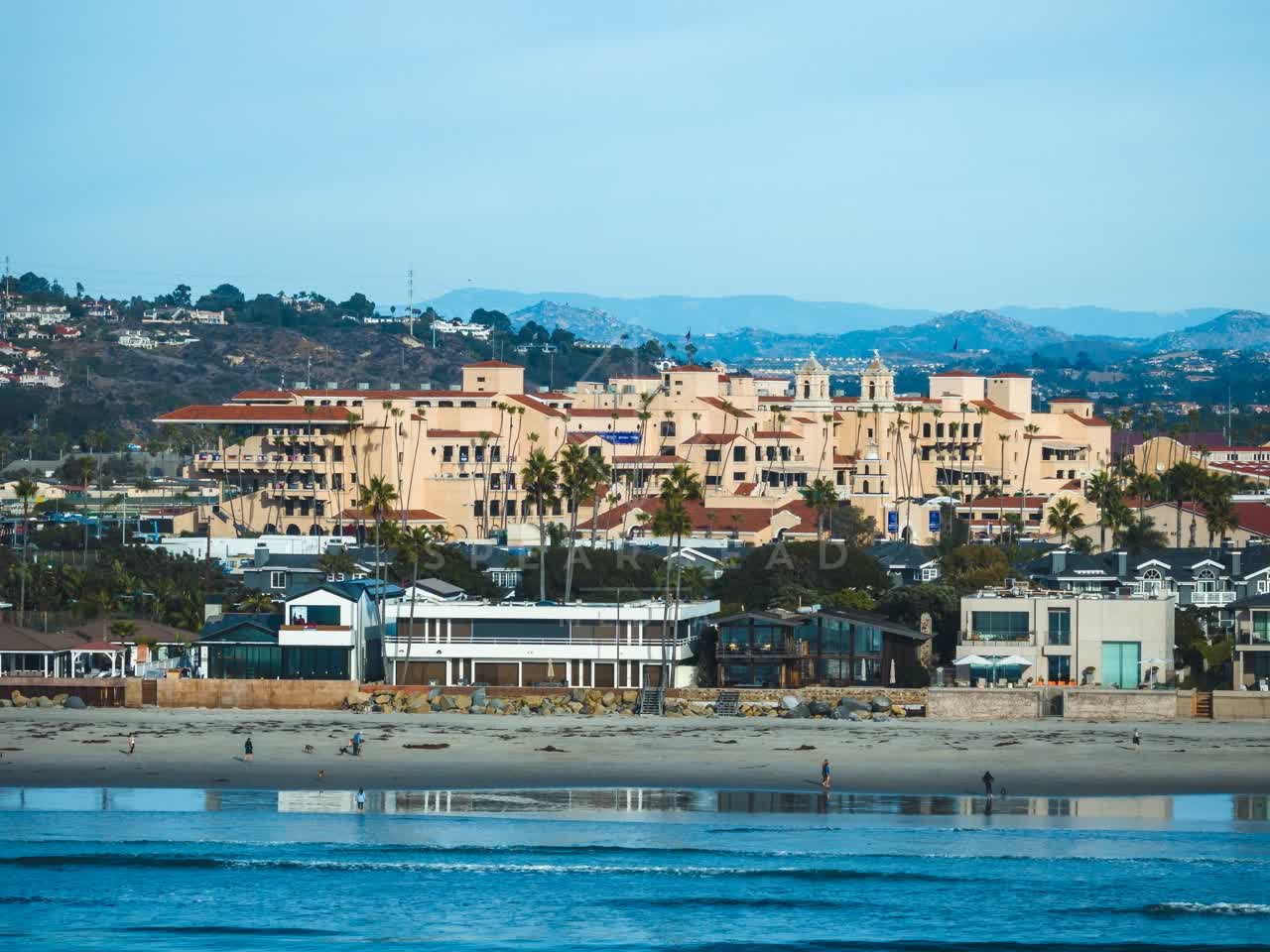 The beach, the surf and palm trees at Del Mar Dog Beach, with people walking.