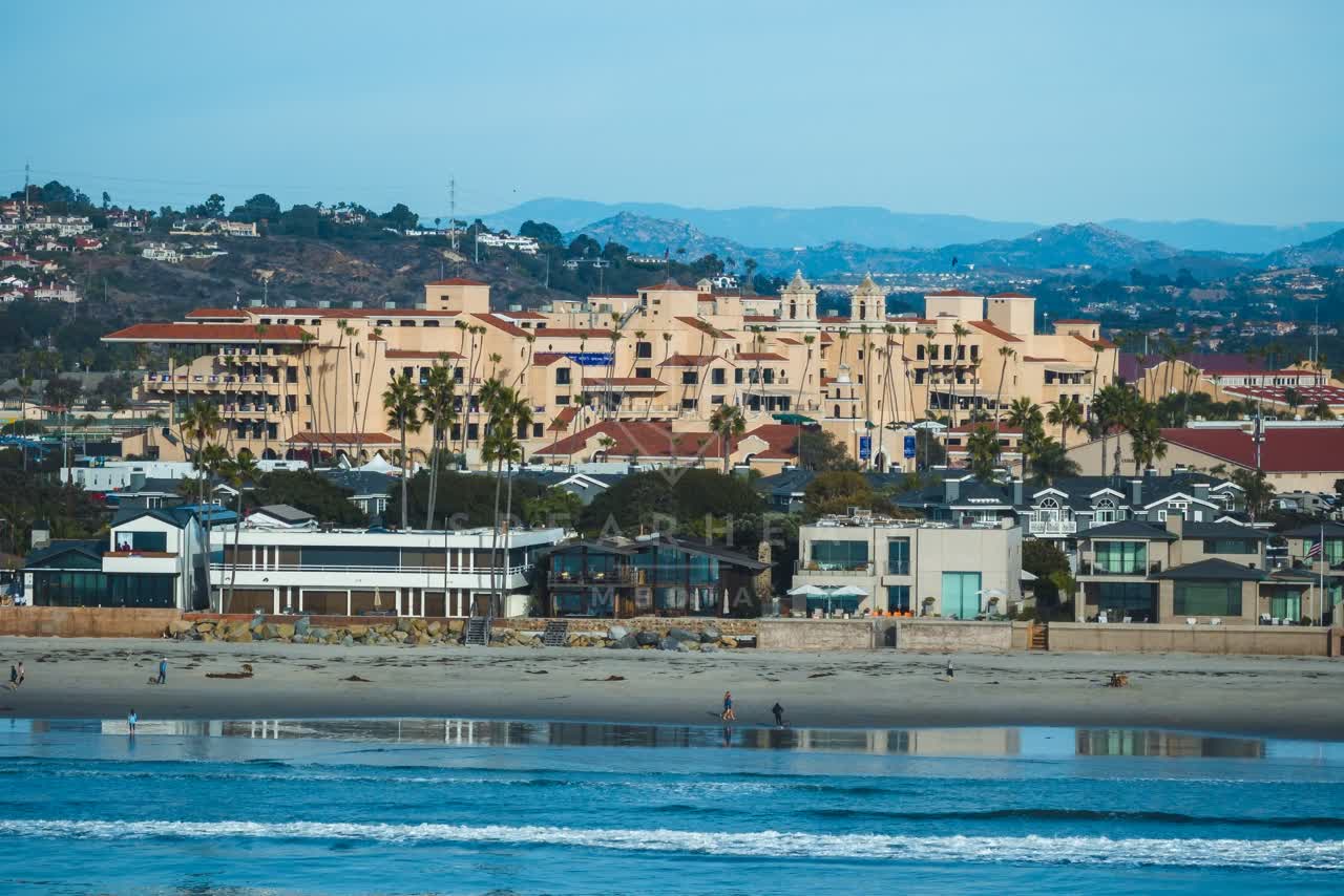 The beach, palm trees and the ocean at Del Mar Dog Beach, with people walking.