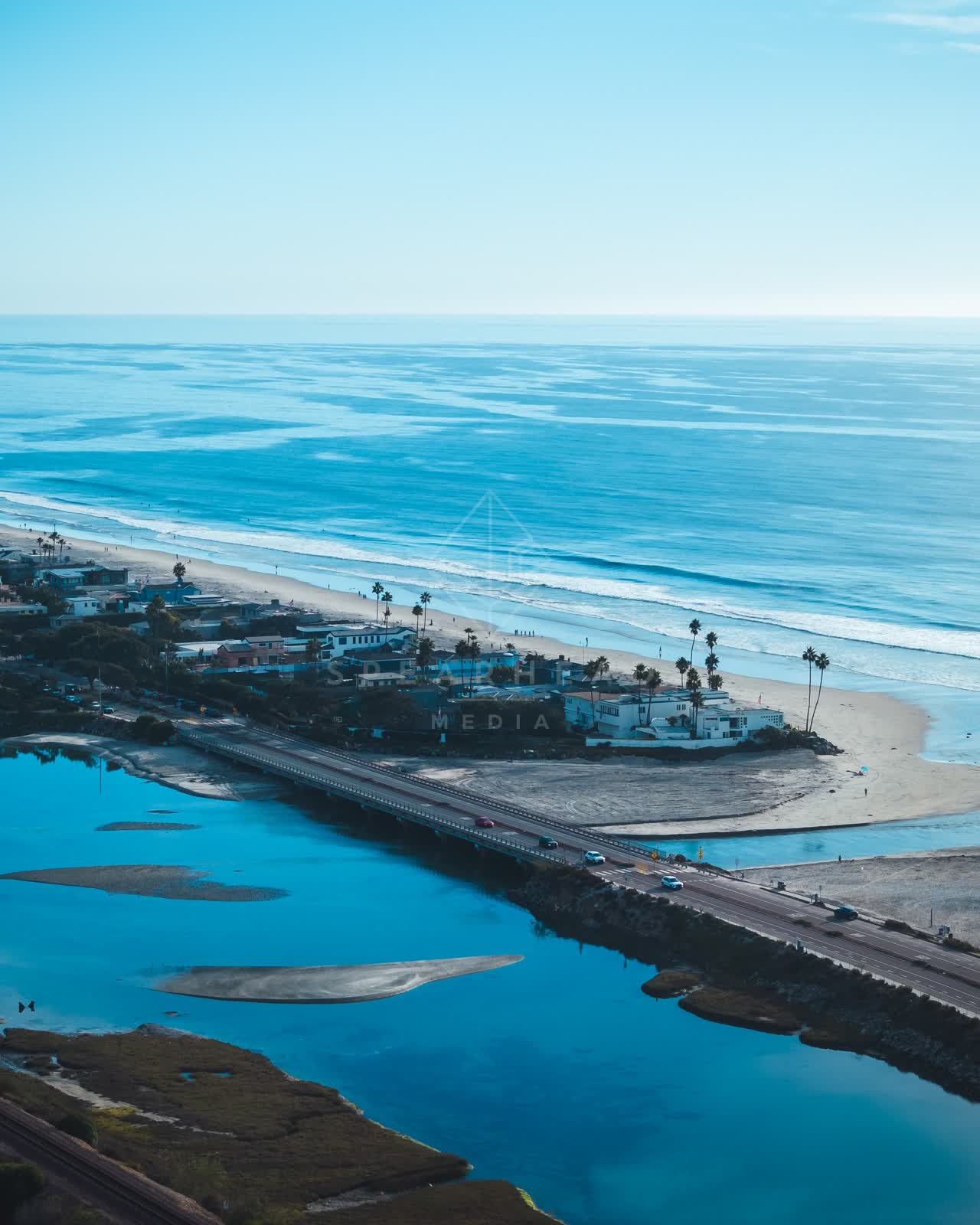Aerial view of the beach, the bridge and palm trees at Del Mar Dog Beach.