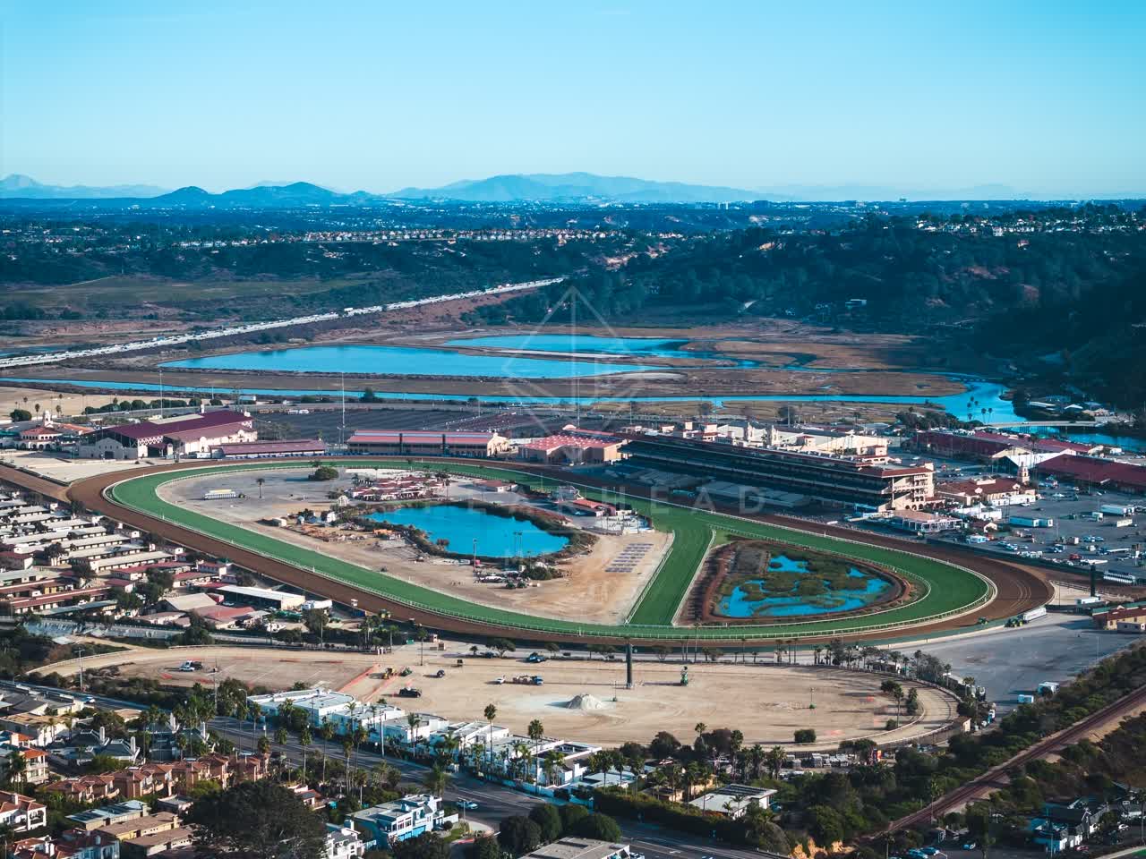 Aerial view of the country inland, homes and the buildings at Del Mar Dog Beach.