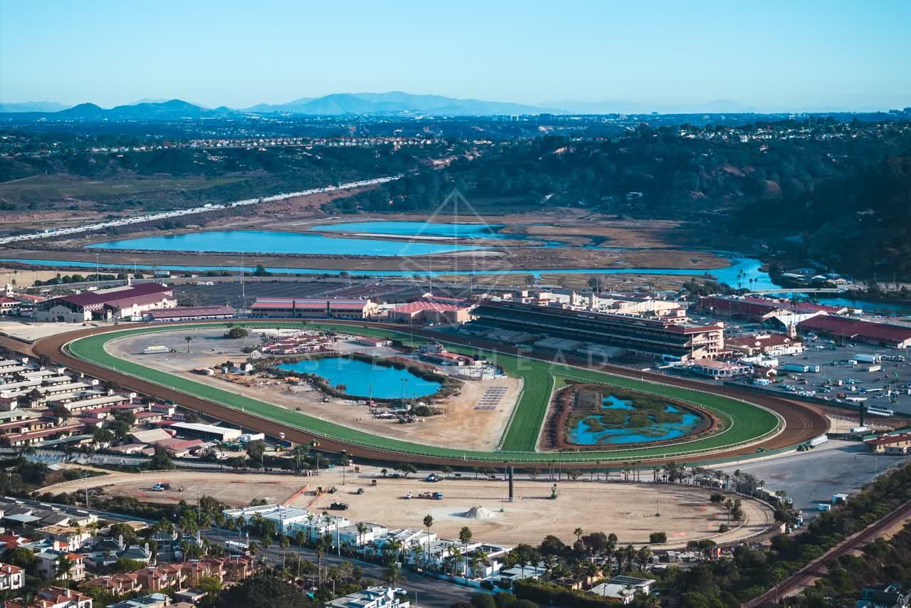 Aerial view of the country inland, homes and traffic at Del Mar Dog Beach.