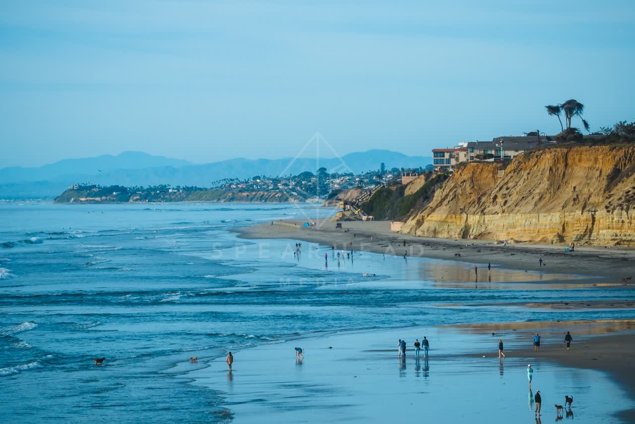 The beach, wildlife and the ocean at Del Mar Dog Beach, with people walking.